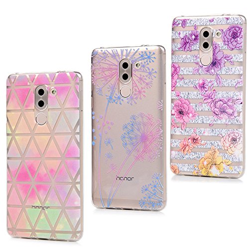 Lanveni Huawei Honor 6X Hülle × 3, Handyhülle Honor 6X TPU Schutzhülle TPU Bumper Weiche Silikon Case mit Bunte Cover Design (Löwenzahn + Dreiecktrose)