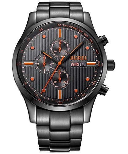 BUREI Herren Uhren Schwarze Chronograph Casual Quarz Uhr Edelstahl Armbanduhr BUREI Herren Uhren Schwarze Chronograph Casual Quarz Uhr Edelstahl Armbanduhr