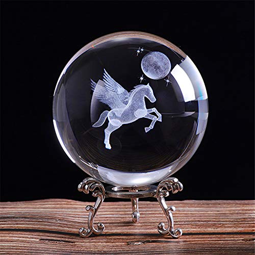 qianyue 80mm 3D Laser Gravé Miniature Pegasus Boule De Cristal Cristal Champ Artisanat en Verre Décoration de La Maison Ornement Cadeau d'anniversaire