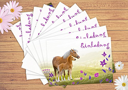 12 Pferde Einladungskarten zum Kindergeburtstag // Geburtstagseinladungen Mädchen Einladungen Geburtstag Kinder Blumen Einhorn Pferd Pferdeparty Set Karten Set - 4
