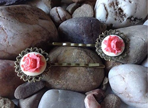 Rose Pink -Beautiful Bronze Handmade Vintage Cameo Flower Hair Bobby Grips Wedding Pins