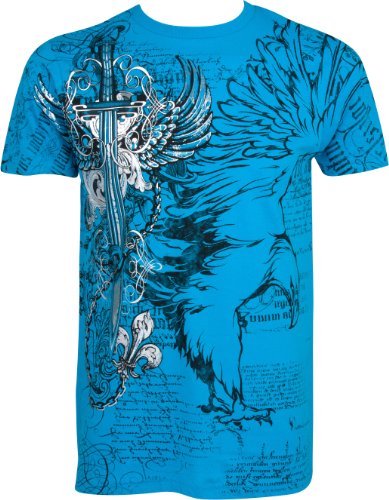 Eagle,Sword and Chains Metallic Silver Embossed Short Sleeve Crew Neck  Cotton Mens Fashion T-Shirt