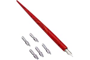 Hillento legno penna calligrafica tuffo, legno inglese calligrafia penna sceneggiatura rame titolare tuffo penna obliqua con 5 diversi pennini, rosso