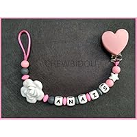 Attache tétine / attache sucette personnalisée Fille 100% silicone (rose et coeur)