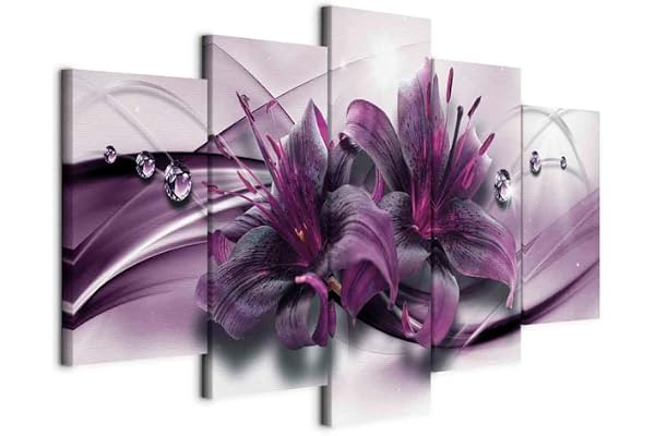 Cuadros B&D XXL - Tableau décoratif nature 200x100 cm - Impression sur toile colorée - Décoration murale pour salon et chambre - Violet moderne fleurs abstraction plantes diamants lys b-C-0155-b-o