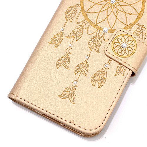 SKYXD für Samsung Galaxy J3 2016 J320FN Hülle Leder Traumfänger Blumen Drucken Muster,Brieftasche Klappbar Glitzer Strass PU Folio Schutzhülle [Kartenfach / Magnet / Standfunktion / Trageschlaufe] Inner Silikon Klapphülle mit [Handyanhänger + Eingabestift] 3 in 1 Zubehör Handy Tasche Etui for Samsung Galaxy J3 2016 J320FN Bookstyle Flip Case Leather Cover With [Stylus and Dust Plug]- Gold - 3