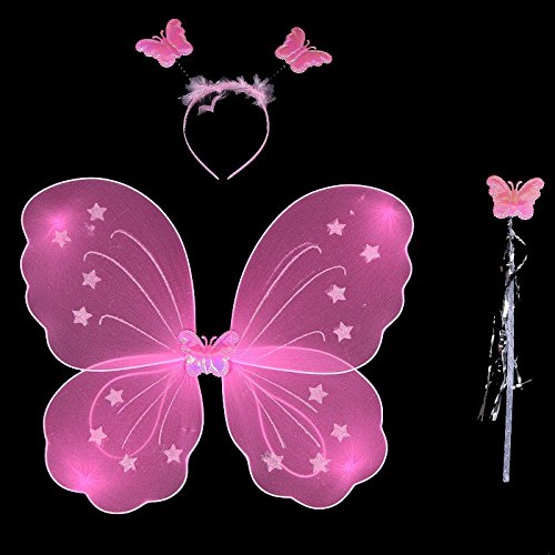 Kasit 3Pc gesetztes reizendes Partei-Kostüm-Prinzessin-Mädchen-Kind-Schmetterlings-Flügel-Stab-Stirnband-feenhaftes Weihnachtskostüm - Rosa