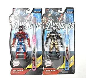HPSP Premium Superhero Toothbrush for Kids || With Avenger Toy ||Soft Bristles || Easy Grip || Attractive Design & Colour|| (Multi-design, Multi-Colour) Pack of 2