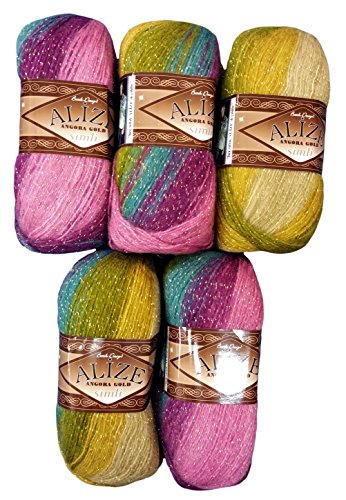 5 x 100 g Alize Glitzerwolle Farbverlauf lila flieder türkis gold beige Nr. 4341 zum Stricken und Häkeln, 500 Gramm Metallic - Wolle mit Mohair