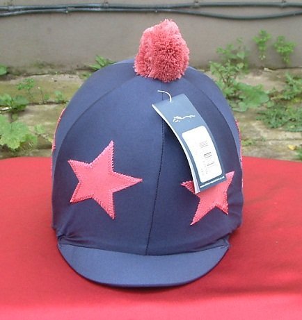 Equestrian-Horse-Riding-navy-Hat-cover-with-red-star-design-and-pom-pom