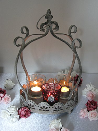 Teelichthalter, Gartenlaterne, Windlicht, Tablett „Krone“, Metall im Antik-Look, mit 3 Teelichthaltern. Höhe 36 cm, zum Stellen & Hängen - 4