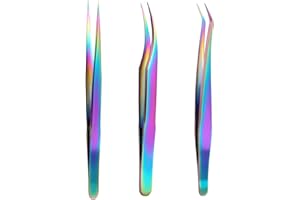 KHDULQ 3 Piezas Profesionales Pinzas De Precisión, Pinzas De Punta Recta Y Curvada,Pinzas Extensión De Pestañas,Pinzas Para Pestañas Postizas De Acero Inoxidable,Para Pestañas Postizas Extensiones