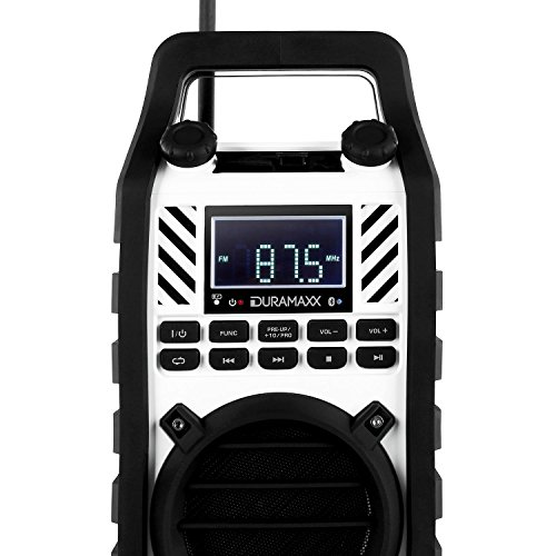 Duramaxx • 862-BTB-WH • Bluetooth Lautsprecher • Baustellenradio • MP3-fähiger USB-Port und SD-Slot • UKW / MW-Radiotuner • 20 Senderspeicher • LED-Display • AUX-Eingang • stoßfest • spritzwassergeschützt • Tragegriff • Netz- und Akku-Betrieb • weiß - 5