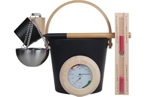 Saunainter Saunazubehör Set, 5-teilig, Eimer 5L aus Aluminium, Schöpfkelle, 15min. Sanduhr, abgerundetes Thermometer - Hygrometer, Sauna Aromatherapie Schale