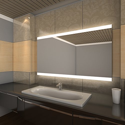 CONFI Badspiegel mit LED-Beleuchtung oben und unten, rahmenloser Wandspiegel, beleuchtet mit 4cm breiten, satinierten LED-Licht-Bändern (Breite 160cm x Höhe 60cm) - 6