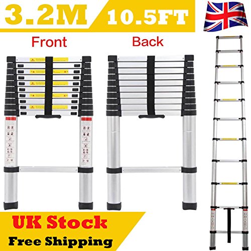 Preisvergleich Produktbild Autofather Aluminium Teleskopleiter 3.2 m 10.5 ft 11-Step Mehrzweck Ausziehbar Gerade Leiter Maximale Tragkraft 150 kg