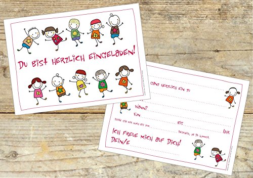 12 lustige Einladungskarten Kindergeburtstag schön illustriert fröhliche tanzende Kinder Strichmännchen Geburtstagseinladungen Einladungen Geburtstag Jungen Mädchen Einladungstext Vorlagen Karten Set - 5