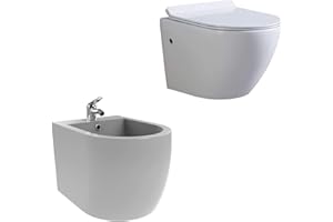 MOMENTS OF GLASS Toilette Hänge WC Spülrandlos inkl. WC Sitz mit Absenkautomatik + Wand Hänge Bidet Weiß inkl. Armatur Kompletset FRANCO