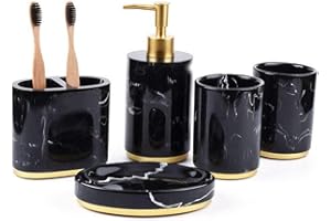 YIYIDA Badezimmer Zubehör Badausstattung Sets 5-Teiliges aus Harz,Marmor Aussehen mit Seifenspender, Zahnputzbecher, Seifenschale,Zahnbürsten-Halter, luxuriöses Badezimmer-Set Weiß Schwarz