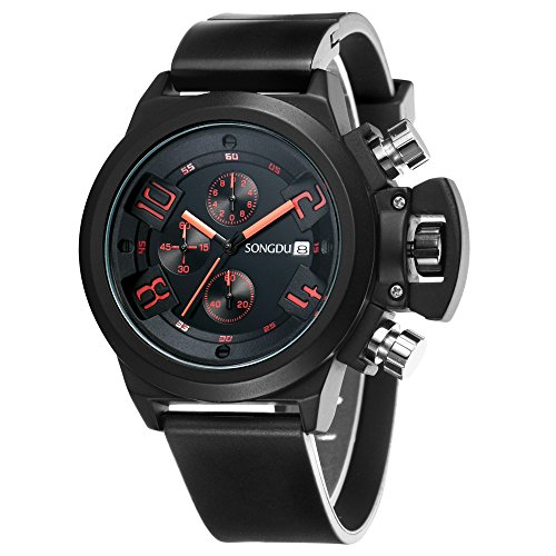 SONGDU Herren Quarz Unisex Armbanduhr mit Mode Schwarz Edelstahl gehuse Silikon Uhrenarmband, Chronographen Analog Kalender Datum anzeige Orange Zeiger SONGDU Herren Quarz Unisex Armbanduhr mit Mode Schwarz Edelstahl gehuse Silikon Uhrenarmband, Chronographen Analog Kalender Datum anzeige Orange Zeiger