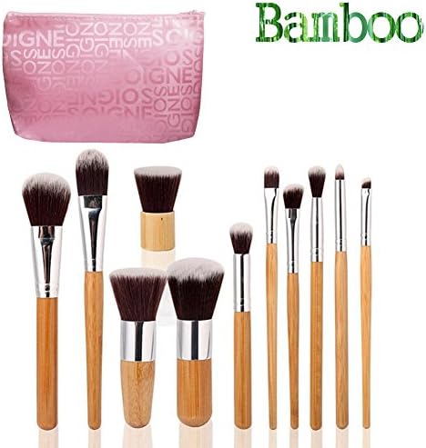 VONISA 11pcs Bamboo Makeup Brushes Set-Natural Soft Bristles Professional Vegan Contour Kabuki Brush Kits Pro Cosmetics Kabuki Brush with Portable Bag Synthetic Foundation Brushes