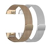 iTerk® Armband für Fitbit Charge 2, Milanaise-Schleife, Edelstahl, Metall, verstellbar, klein und groß, Silber, Schwarz, Roségold, Pink S Silver+Champagne for Charge 3 & 3 SE