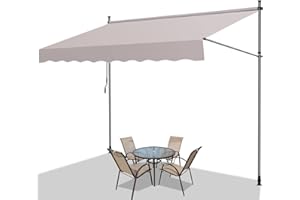 Fiqops Store de Balcon avec Manivelle, 350x120x200-300cm Auvent Téléscopique Résistant UV et Imperméable, Réglable en Hauteur, Store Banne Manuel sans Perçage, Beige