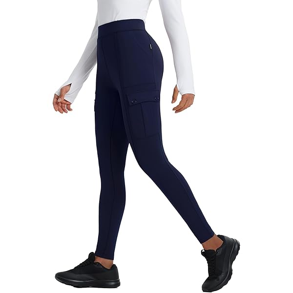 BALEAF Fleece gevoerde legging voor dames, jeans-look, hoge taille, thermische jeggings met zakken, winter, workout, sportbroek, marineblauw, M