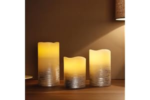 JHY DESIGN Set di 3 candele in vera cera, alimentate a batteria, Wave Edge senza fiamma, candele elettriche lampeggianti con timer di 6 ore, per eventi in casa (gradiente di colore argento)