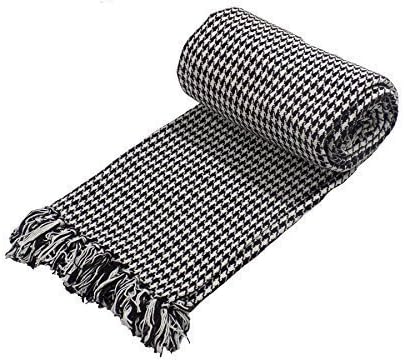 WOVEN HOUNDSTOOTH BLACK WHITE 100% COTTON THROW BLANKET 170CM X 200CM