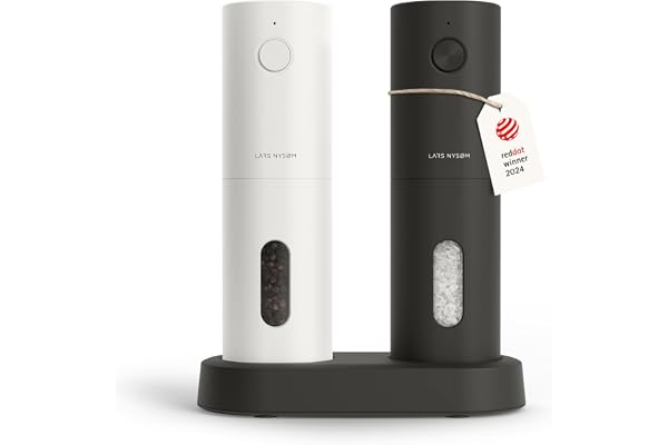 LARS NYSØM Moulin électrique sel et poivre | Automatique avec broyeur céramique réglable | Moulin à épices rechargeable USB (Black/White)