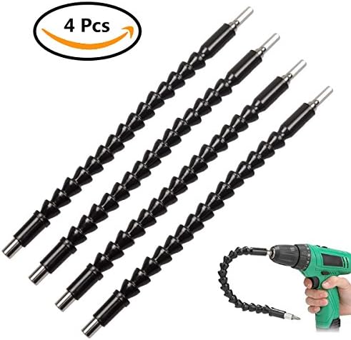 LANIAKEA 4Pcs 300mm (12") Long Flexible Power Bit Drill Extension 1/4" Hex Shank - Flexible Drill Drive Shaft Screwdriver Electronic Drill Bit Holder Link Useful in Tight Corner Workspace