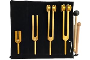 NEWFUN Diapason,Diapason 128hz Thérapeutique,Jeu de 4 diapasons (128 Hz, 136.1 Hz, MI 528 Hz, 4096 Hz) idéal pour la thérapie, pour la thérapie des chakras,la ThéRapie par le Son, le Soulagement Stress(Or)