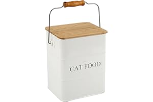 Ctomche Metal Cat Food Container,2 Pc Set With Scoop,Tight Fitting Wood Lids，Farmhouse Dog Dry Food Tin With Handle, Medium pet food container 5-6lbs White