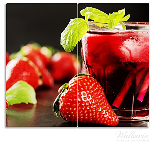 Wallario Herdabdeckplatte / Spritzschutz aus Glas, 2-teilig, 60x52cm, für Ceran- und Induktionsherde, Erdbeer-Mojito - Frische Erdbeeren
