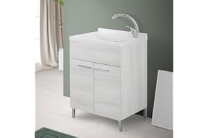 Inbagno Lavatoio con mobile e vasca in Resina resistente agli acidi, Completo di ASSE di Lavaggio e Kit sifone + piletta (60x50 cm 2 Ante, Bianco Venato)