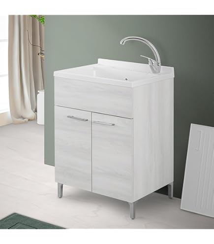 Mobile Lavatoio 2 Vasche In Legno Idrofugo - 80x60x85 Cm | Lady Bianco Made In Italy