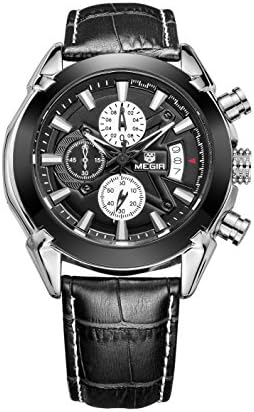 MEGIR Sport Military Mens Date Chronograph Leather Waterproof Analog Quart Watch