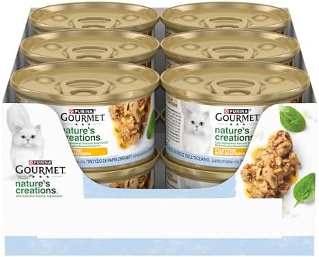 GOURMET NATURE'S CREATIONS Cibo Umido per Gatti Adulti Filettini con Pesce dell'oceano guarnito con spinaci e riso 12 lattine da 85g