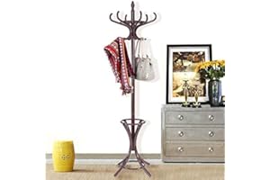 CASART Wood Coat Rack, Freestanding Clothes Stand with 12 Hooks and Umbrella Holder, 186cm Tall Hall Tree for Home Office Hallway Bedroom (Mahogany)