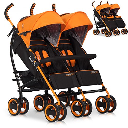 Twins Stroller Pushchair DUO - foldable and multifunctional highclass baby pram, Colour Electric Orange