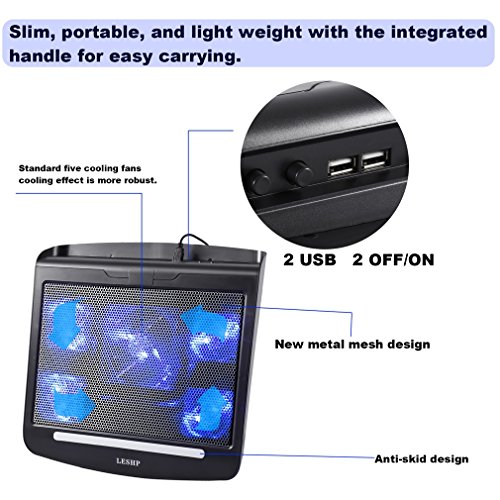 YKS Notebook Laptop Kühler T9 Aluminium Mesh & Kunststoff Portable leichte Kühlpad mit Aluminiumverkleidung und fünf Lüfter 2000RPM - 4