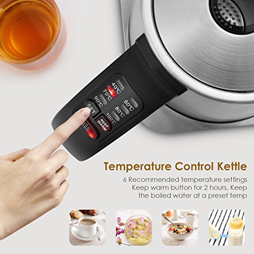 Aicok Edelstahl Wasserkocher mit Temperatureinstellung 40 Grad Baby und 60,70,80,90 und 100 Grad, elektrische Wasserkessel mit Warmhaltefunktion, Kessel mit Automatischer Abschaltung, 2200 Watt, 1,7 Liter, Schwarz - 2