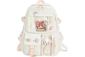 LYEAA Kawaii Rucksack mit Pins & Plüsch Tier Anhänger, Frauen Mädchen Preppy Stil PVC Patchwork Klar Rucksack Schultasche Große Kapazität Rucksack Handtaschen
