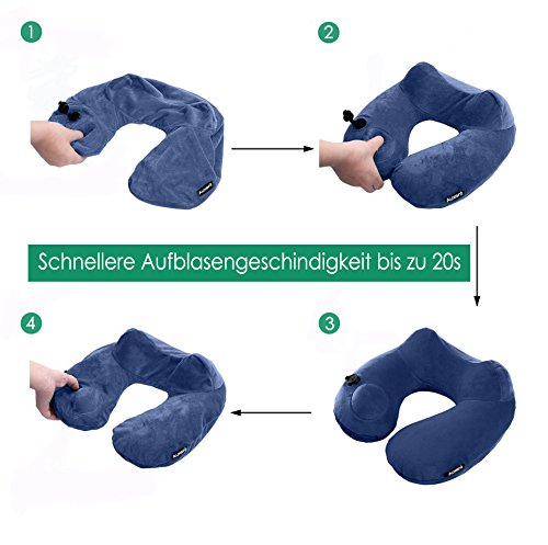 Auxent Aufblasbares Nackenkissen Reisekissen mit Fleece-Bezug, Nackenhörnchen für Zuhause, Büro und Unterwegs im Flugzeug, Bahn, Auto und Bus, Ergonomisches Design, Königsblau - 5