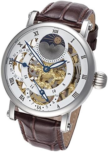 Silver Case and Gold Movement Dual Time Zone with White Accents and Moonphase Display with Brown Leather Band