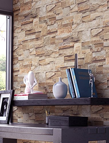 Steintapete Vliestapete Braun Rot Edel , schöne edle Tapete im Steinmauer Design , moderne 3D Optik für Wohnzimmer, Schlafzimmer oder Küche inkl.Newroom Tapezier Profibroschüre mit Tipps für perfekte Wände - 3