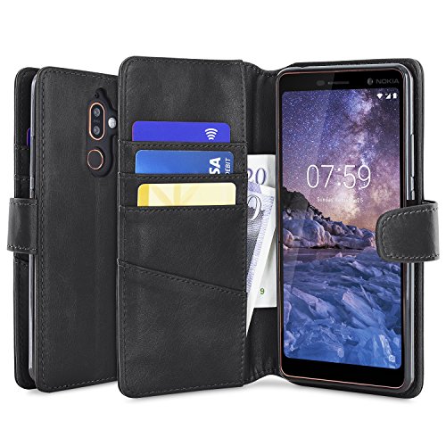 Olixar Nokia 7 Plus Wallet Case - Genuine Leather - Slim Protective Cover - Card Storage Slots and Built In Media Viewing Stand - Black