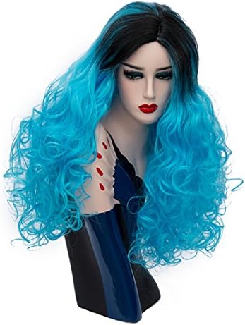 Priomix 60cm Long Side Parting Black Root 2 Colour Curly Wigs for Women +Wig Cap (Ice Blue Ombre)