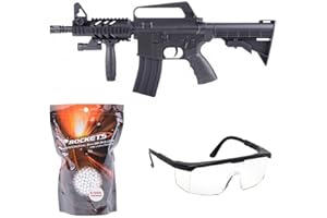 2EAGLE Pack Complet Airsoft Fusil Well M-16A5 Compact/Matière Plastique ABS Haute résistance/modèle à Ressort (Spring)/0,5 Joules/livré avec Accessoires, Noir et Bois, 875mm